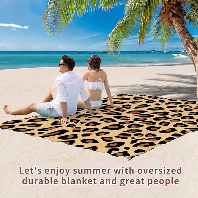 BYDOLL Beach Blanket 78''×81'' 1-4 Adults Leopard Waterproof Sandproof Oversized Lightweight Beach Blanket Large Picnic Mat Beach Blanket for Beach Travel Camping Hiking Picnic