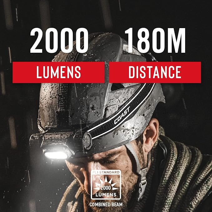 COAST WPH34R 2000 Lumen Waterproof Ultra Bright IP68 USB Rechargeable-Dual Power Headlamp, 6 Modes with Spot and Flood Beams, Black/Grey