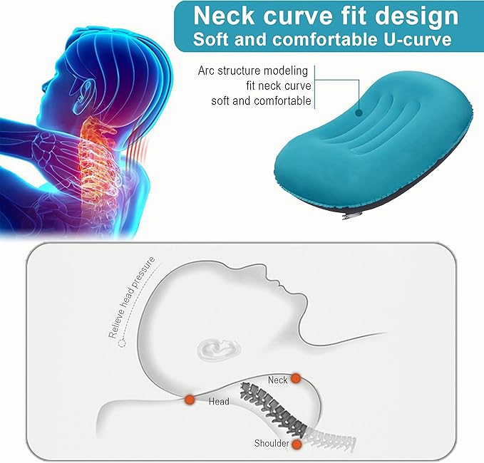 Portable Inflatable Neck Pillow for Outdoor Travel, Camping, Office Naps-Polyester,Color Available-Simple and Comfortable (Cyan)