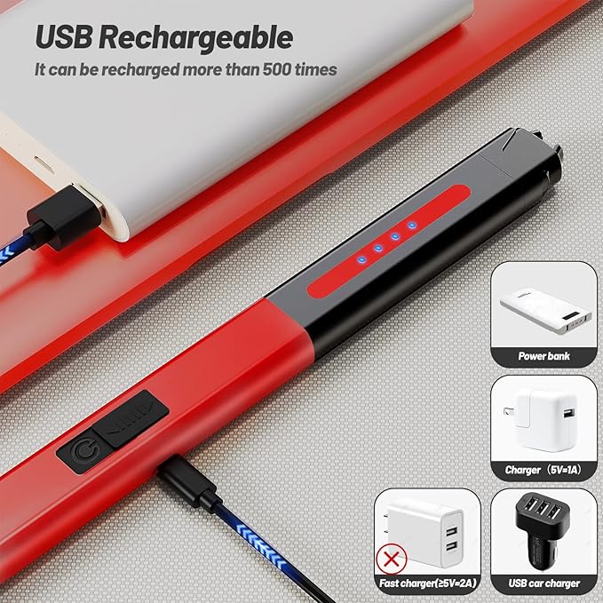 VEHHE Electric Lighter, Candle Lighter Rechargeable USB, Long Plasma Lighters with Safety Lock and LED Display, Pocket Size for Camping Outdoor Party - Red