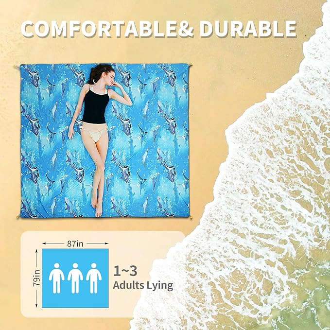 Beach Blanket, 83''*79''(210 * 200cm) Waterproof Sandproof Shark Picnic Blankets for 3-5 Adults, Oversized Lightweight Beach Mat, Big & Compact Picnic Mat for Travel, Camping, Hiking, Beach