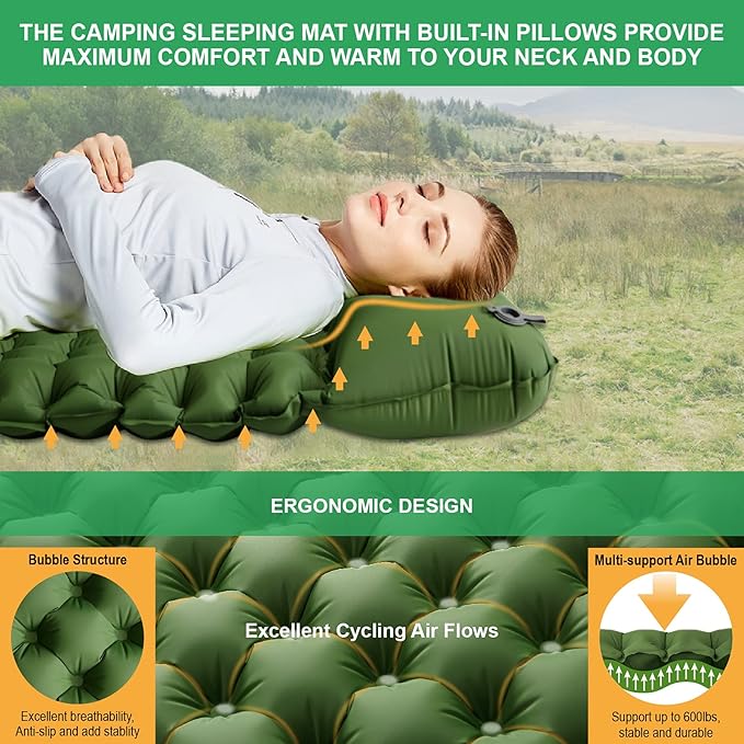 Double Sleeping Pad Inflatable 2 Person Sleeping Mat with Pillow and Foot Pump Extra Thick Ultralight Durable Camping Mat for Backpacking, Hiking