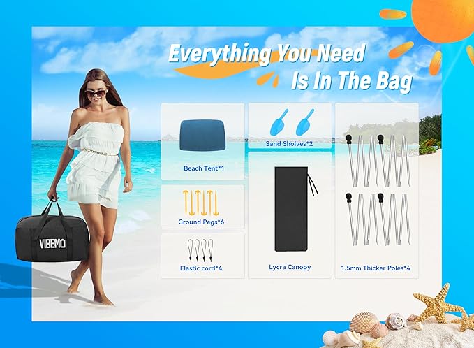 Beach Tent, Camping Sun Shelter UPF50+ with 6 Sandbags, 2 Sand Shovel, 4 Stability Poles, Outdoor Pop UP Beach Canopy for Camping Trips, Fishing, Backyard Fun, Picnics-Navy Blue