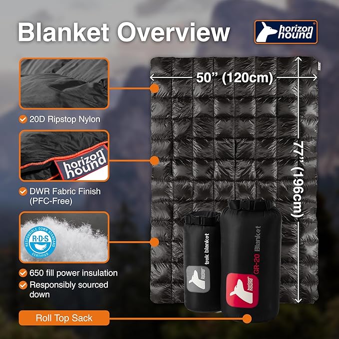 Horizon Hound Down Camping Blanket - Outdoor Travel Quilt | Sustainable, Insulated, Lightweight & Warm Gear for Sleep, Camping, Stadium, Hiking & Festivals | Water Resistant, Packable & Compact