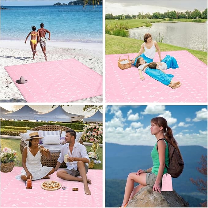 Beach Blanket Waterproof Sandproof, 110''×118'' Extra Large Beach Mat for 8 Adult, Pink Polyester Picnic Blankets w/Stakes, Compact Quick Drying Outdoor Blanket for Travel, Camping, Hiking