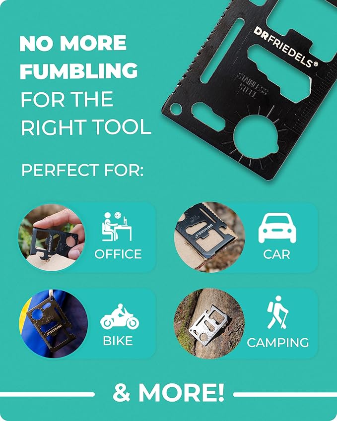 Credit Card Multitool - 11 in 1 Wallet Tool with Can Opener, Knife, Bottle Opener, Screwdriver, Ruler & More - Compact Multitool Card for Repairs, Camping & DIY activities by DrFriedels