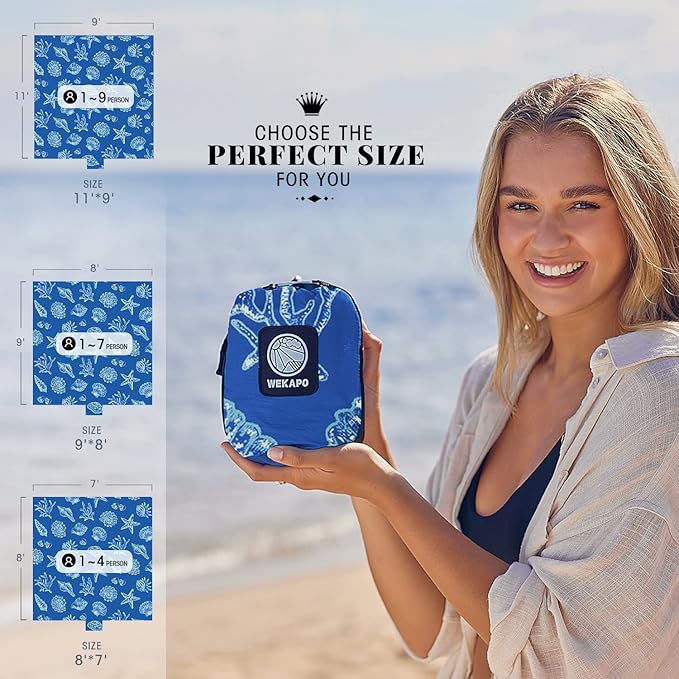 WEKAPO Beach Blanket Waterproof Sandproof Oversized, Extra Large Beach Mat Sand Free, Lightweight & Compact Sand Free Mat with 6 Stakes & 4 Corner Pockets