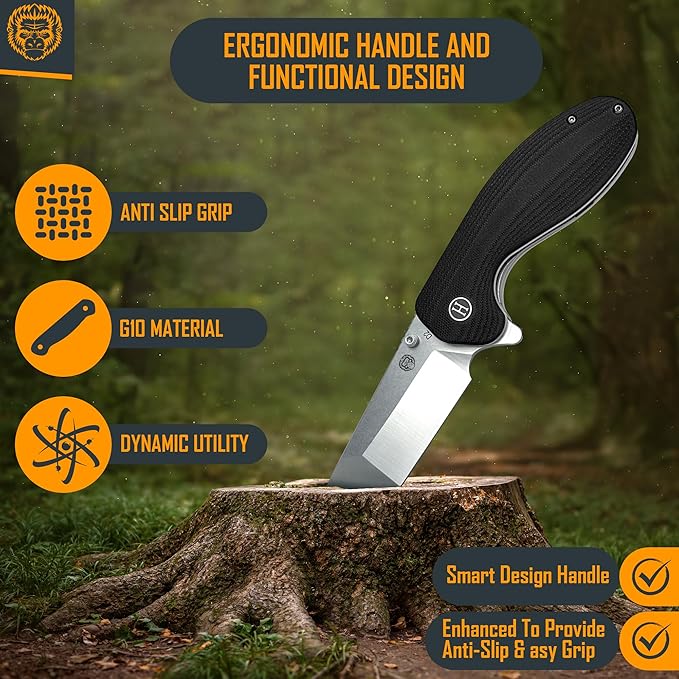 Holtzman's Gorilla Survival 'Pioneer' Folding Knife featuring D2 Steel Blade with G10 Handle in Gift Box Set (Silver)