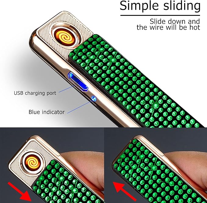 Rhinestone Lighter Electric Lighter Rechargeable Bling Glitter USB Lighter Flameless Girls Lighter for Women (Green)