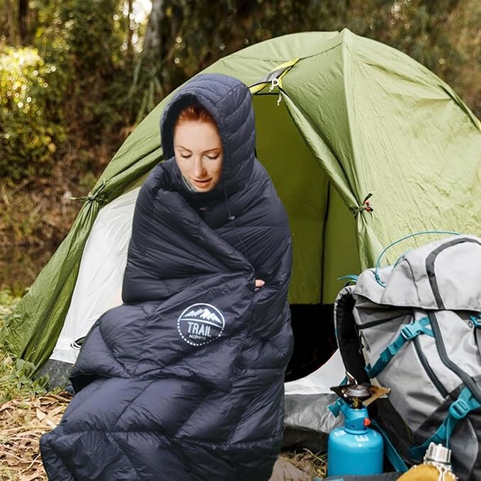 Luxurious Ultralight Down Camping Blanket | Perfect for Backpacking | Packable Puffy Outdoor Quilt with Hood & Pad Straps | Ideal for Travel Camping & Soccer Moms | 80x54 Black