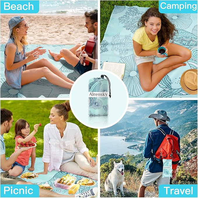 Airensky Beach Blanket Sandproof, Oversized Beach Mat 79" X 82" for 4-7 Adults, Waterproof Beach Blanket Quick Drying Lightweight Blanket with 4 Stakes for Outdoor Travel Camping Hiking(Green Whales)