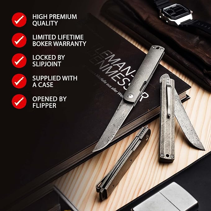 Boker Plus Wasabi Damascus - Slipjoint pocket knife with titanium handle scales - classic folding knife with damascus blade - slipjoint knife with knife case