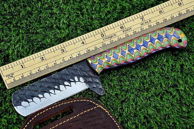 Carbon steel blade Bull cutter knife, 8.5 inches long knife with Leather sheath, Multi color Micarta scale Jigged with sturls, Embossed carbon steel blade
