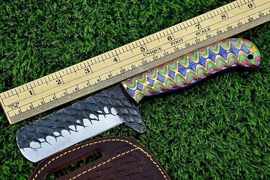 Carbon steel blade Bull cutter knife, 8.5 inches long knife with Leather sheath, Multi color Micarta scale Jigged with sturls, Embossed carbon steel blade