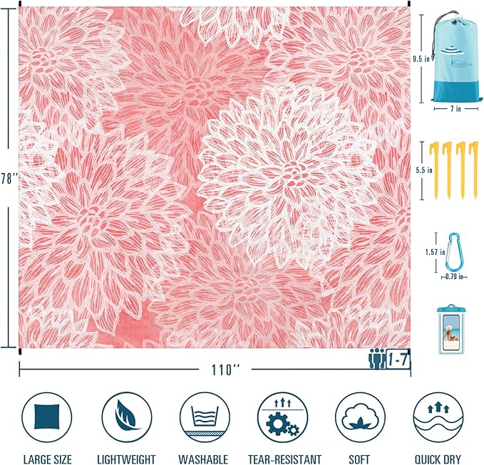 Beach Blanket Sandproof Waterproof 78''×110'' 1-7Adults Oversized,Compact Lightweight Durable Beach Mat for Travel Camping Hiking Picnic Blanket