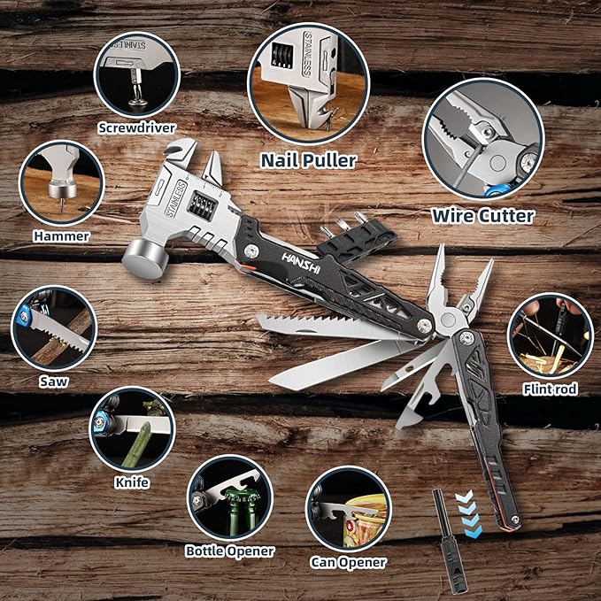Upgraded Adjustable Wrench Multitool Hammer with YG10 Tungsten Steel Replaceable Wire Cutters for Men,18 in 1 Pocket Multi Tool Knife with Spring-Action Pliers for Camping,Survival (Black)