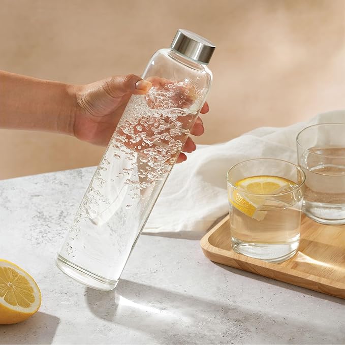 Glass Water Bottle 25oz with Felt Sleeve - Borosilicate Glass - Leakproof Lid - BPA Free - Glass Bottles for Beverage & Juicing (Beige)