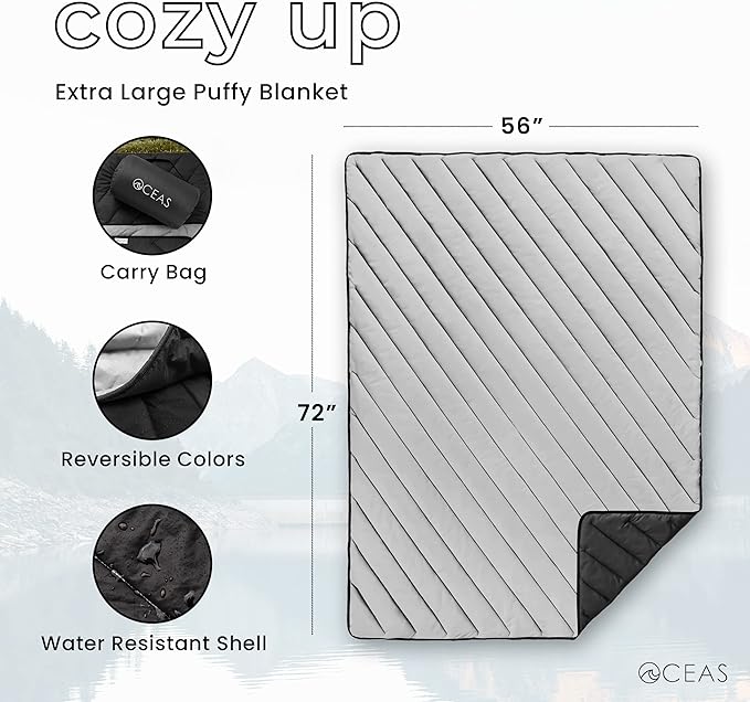 Oceas Outdoor Waterproof Stadium Blanket - Thicker Weather Proof and Windproof Blankets for Camping, Sporting Events, Picnic and Car Use - 100% Waterproof Insulated Blanket and Throws (Puffy, Black)