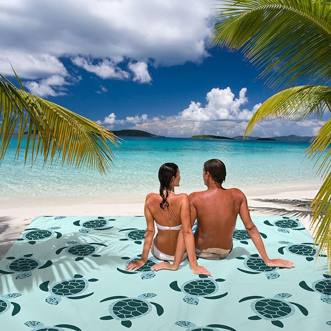 Beach Blanket Waterproof Sandproof, 6.5'x7.2' Extra Large Sand Free Beach Mat 1-4 Adults, Lightweight Portable Outdoor Beach Accessories w/ 4 Stakes for Picnic, Camping, Vacation - Green Baby Turtle