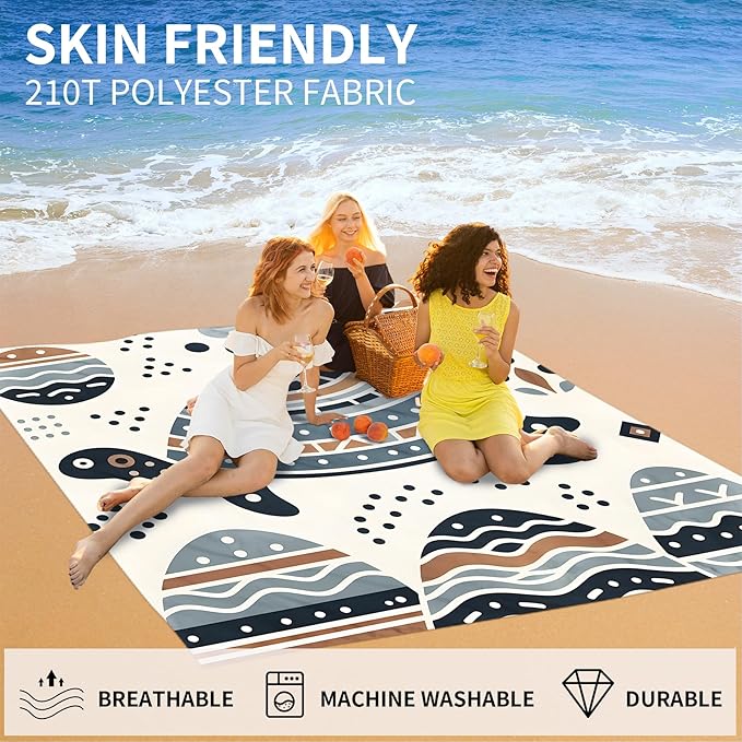 Large Beach Blanket Waterproof Sandproof 79"x 83" for 1-4 Adults,Quick Drying Beach Mat,Lightweight & Durable,Beach Essentials for Family Beach Camping Travel Picnic (Line Turtle)