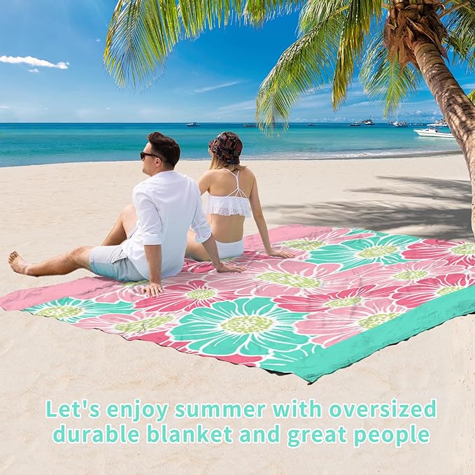 BYDOLL Beach Blanket Sandproof Waterproof Flower 78''×81''1-4 Adults Compact Lightweight Oversized Beach Blanket Large Picnic Mat Beach Blanket for Travel Camping Hiking Picnic