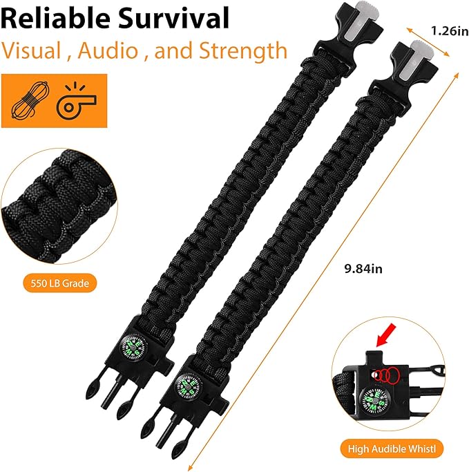 Bracelets,Survival Bracelets for Men Paracord Tactical 5-in-1 Camping Gear Kits,with 12-ft Detachable Parachute Rope,Fire Starter,Embedded Compass,Whistle&Emergency Multitools
