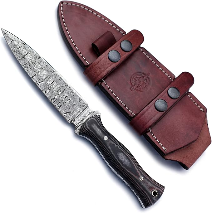 Handmade Damascus Steel Fixed Blade Bowie Knife For Edc,Hunting,Survival,Camping,Bushcraft and Fishung with Fixed Blade Spear Point Blade and Full Tang Micarta Handle with Cowhide-Leather Sheath-WKD-779