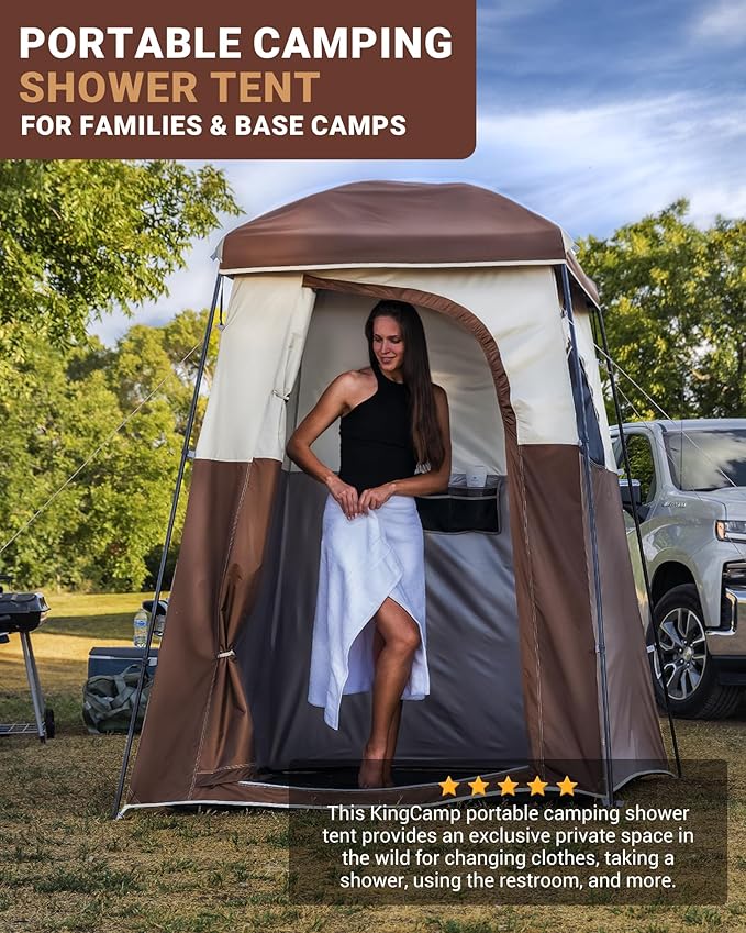 KingCamp Camping Shower Tent, Portable Outdoor Privacy Toilet & Changing Tent Windproof & Waterproof Easy Setup 1 or 2 Room Shelter with Shower Bag for Camping Hiking Beach