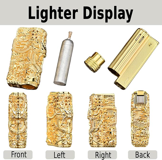 Cool Embossed Design Kerosene Wheel Lighter Refillable Eco-Friendly, Vintage Dazzling & Ultra-Cool, Unique for Men Candles Gift Camping BBQ (No Kerosene) (20#)