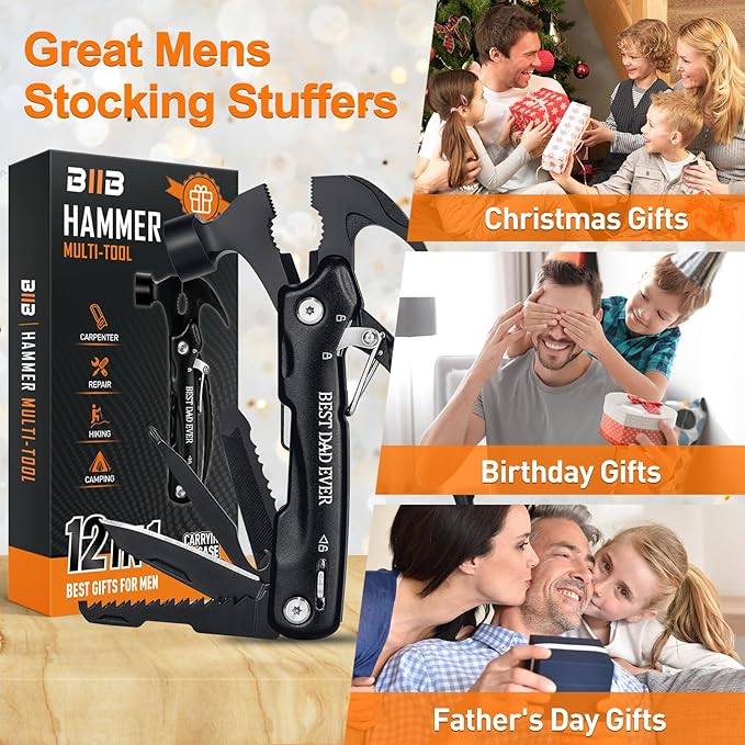 BIIB Stocking Stuffers Gifts for Men, 12 in 1 Hammer Multitool Camping Essentials, Mens Gifts for Christmas, Dad Gifts for Him Husband Grandpa Camping Gear, Unique Gifts for Men Who Have Everything