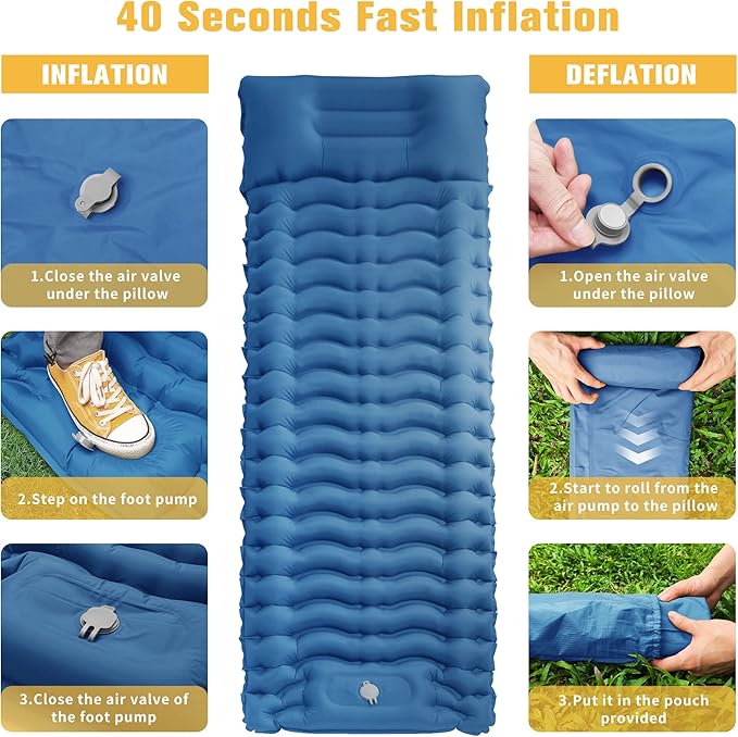 STURME Sleeping Pad for Camping, 3.9 Inch Extra-Thick Self-Inflating Camping Mattress with Foot Pump, Compact Air Mattress Ultralight Sleeping Mat with Pillow for Backpacking, Hiking, Outdoor -Blue