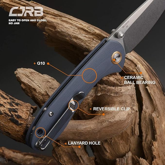 CJRB Folding Knife Feldspar Pocket Folding Knife Stonewash D2 Steel Blade G10 Tactical Handle EDC Knife, Blue Handle-Small (J1912)