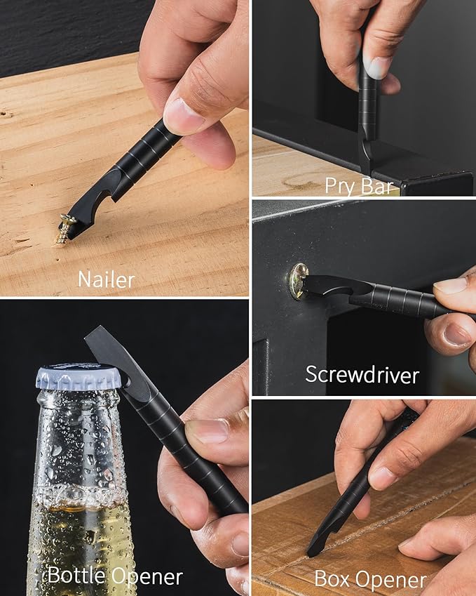 TISUR Titanium EDC Pry Bar, Keychain Prybar Multitool With Bottle Opener, 6 in 1 Portable Pocket Mini Crowbar Tool (Black)