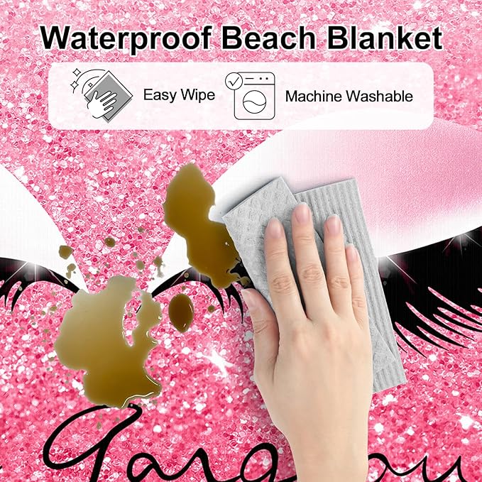 Pink Beach Blanket Waterproof Sandproof, Oversized 78”x 86” Large Foldable Outdoor Picnic Blanket 1-4 Adults, Lightweight Sand Free Beach Mat w/ 4 Stakes for Travel, Camping, Hiking - Gorgeous Eyes