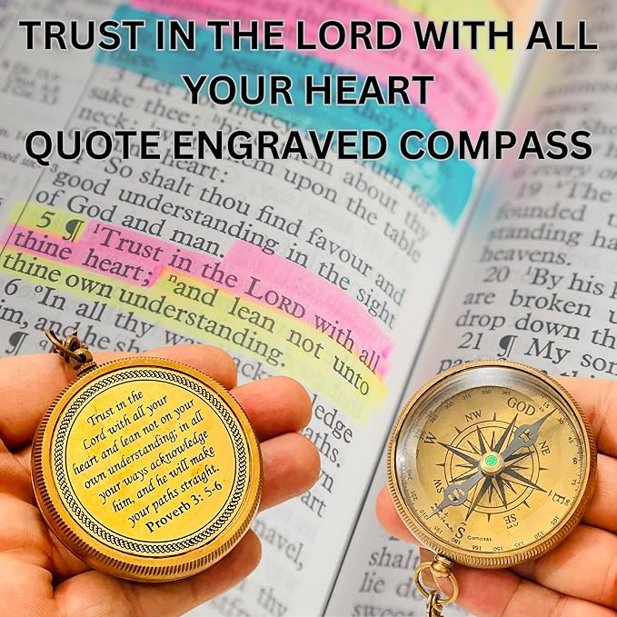 Trust in The Lord - Proverbs 3: 5-6 Engraved Compass, Wood Box Greeting, Inspirational Gift Men, Christian Boys Baptism Gifts, Graduation Day