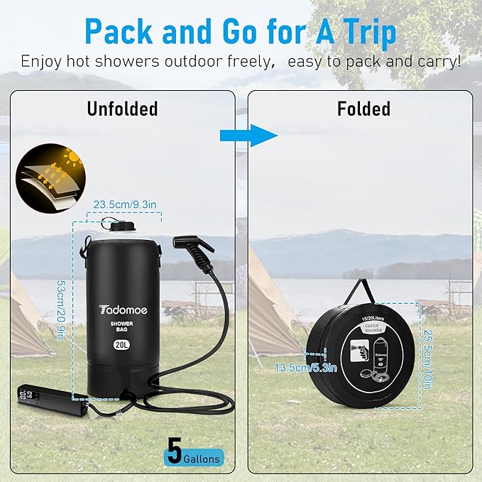 Portable Shower by Tadomoe, 5 Gallons/20L Camping Shower Bag with Portable Shower Pump,Solar Shower with Hot Water,Leak Proof Handy Nozzle Temperature Indicator for Beach Trip, Camping and Hiking