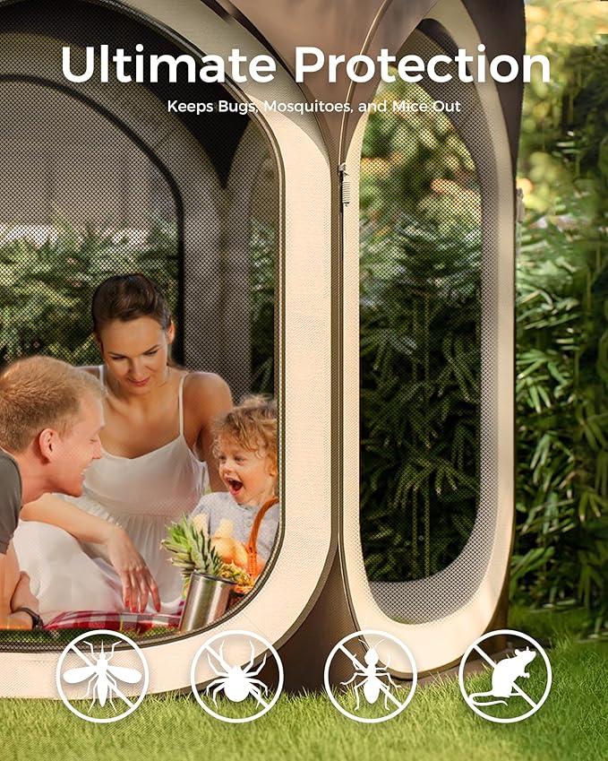 Screen Pop Up House Room Tent, Canopy Sun Shade Shelter for Patio, Backyard, Deck & Outdoor Activities, Portable Gazebo, Not Waterproof, 10'x10', Brown