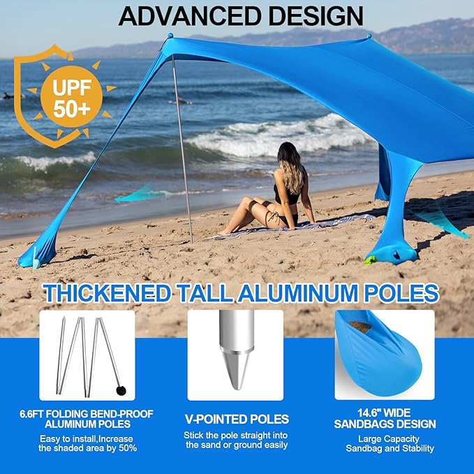 Buheco Beach Tent Pop Up Shade 7x7.5ft Beach Canopy Sun Shelter UPF50+ with 4 Foldable Poles-Portable Carrying Bag-Sand Shovel-Ground Pegs-Windproof Ropes for Outdoor Family Camping-Fishing-Picnic