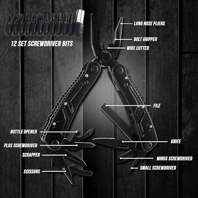 Multitool 12-in-1 with EDC Pocket Folding Knife,Needle Nose Pliers, Wire Stripper, Pocket Clip, Screwdriver Sleeve, Stainless Steel Multi tool Gear for Outdoor, Survival, Camping, Hiking, Repair