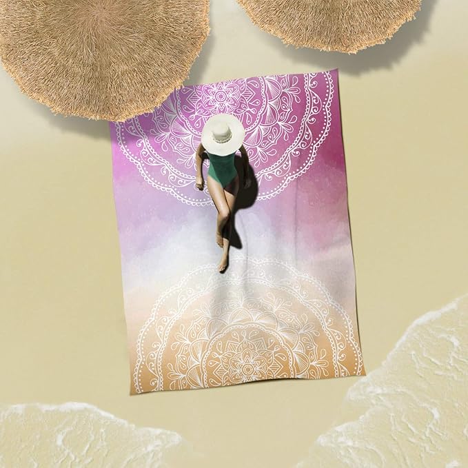 Sunlit Silky Soft 106"x81" Boho Sand Proof Beach Blanket Sand Proof Mat with Corner Pockets and Mesh Bag for Beach Party, Travel, Camping and Outdoor Music Festival, Orange Purple Mandala