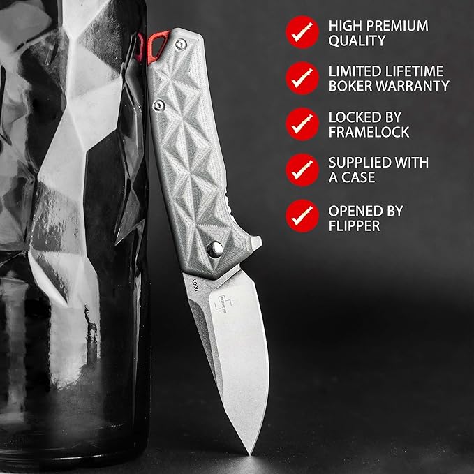 BÖKER PLUS® Gemtek Frame-Lock Knife - noble EDC pocket knife with clip - flipper knife with ball bearing - D2 drop-point folding knife with G10 handle gray with case in gift box