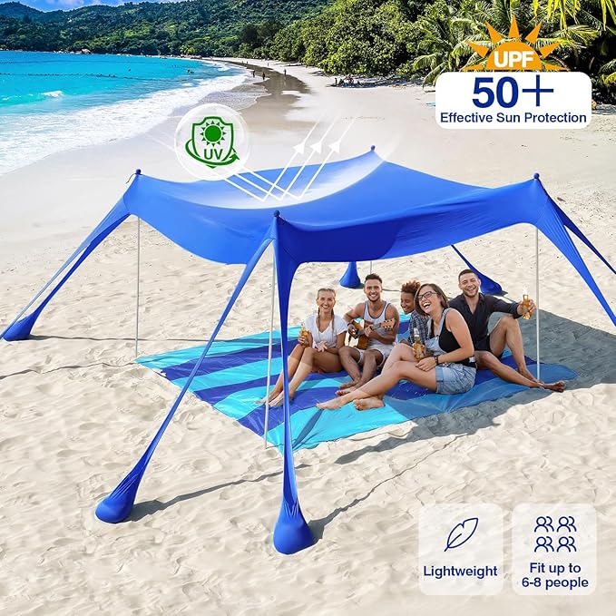 Rhino Valley Beach Tent Sun Shelter, Beach Canopy Tent Sun Shade UPF50+ Protection with 8 Sandbags 4 Stability Poles, Outdoor Beach Shade Canopy for Beach, Camping, Fishing
