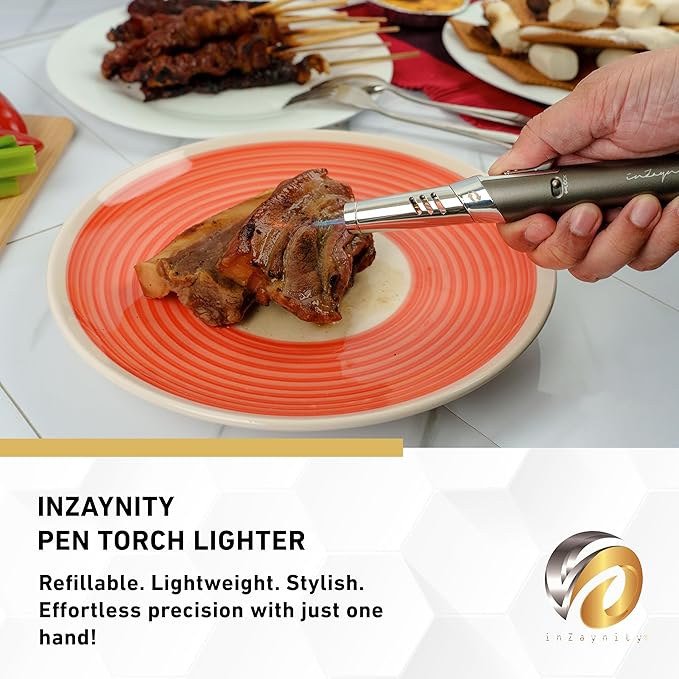 Pen Torch Lighter - Refillable Single Flame Butane Torch Lighter for Candle, & Cooking w/Adjustable Flame & Ignition Lock - Luxurious Handheld Camping Lighter & Gift Box by inZaynity - Grey & Steel