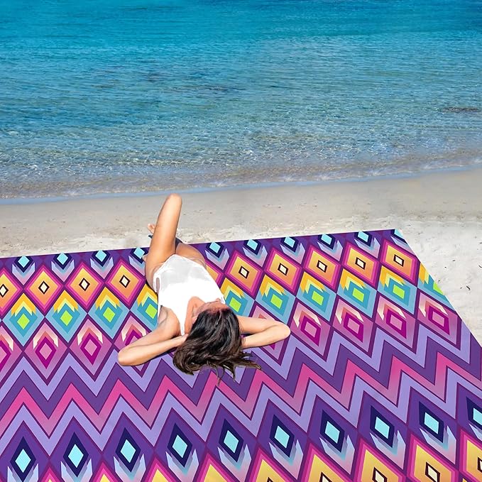 Large Oversized Beach Blanket, Sandproof Waterproof Beach Mat for 4-6 People with 4 Stakes, Polyester Lightweight Picnic Blanket Beach Accessories for Outdoor Travel Camping Hiking