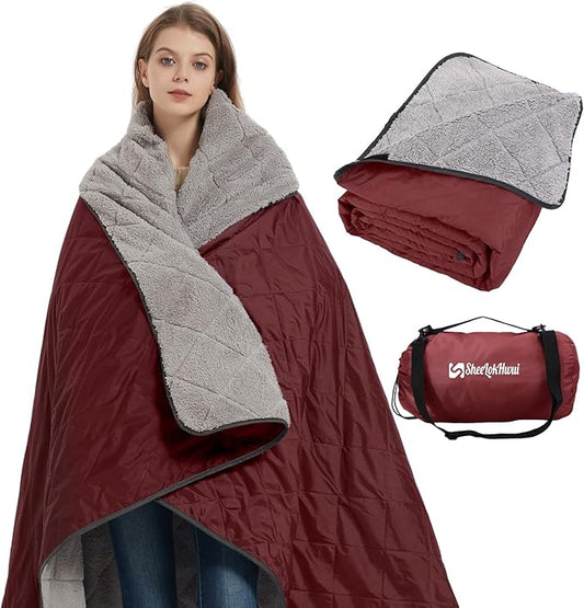 Outdoor/Indoor Sherpa Blanket, Oversized Waterproof Stadium Blanket for Cold Weather. Warm, Soft, Portable, Great for Stadium, Sports Events, Camping, Indoor - 82x56in., Antique Ruby