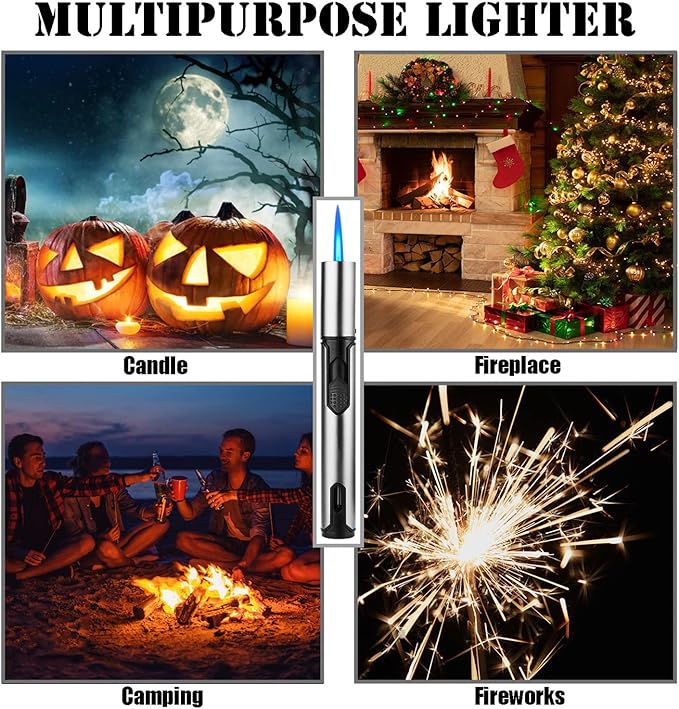 Anrapley Butane Torch Lighter, 6.0in Long Candle Lighter with Fuel Level Window, Windproof Pen Lighter Adjustable Jet Flame for Grill Kitchen Fireplace Camping BBQ, Silver(Gas not Included)