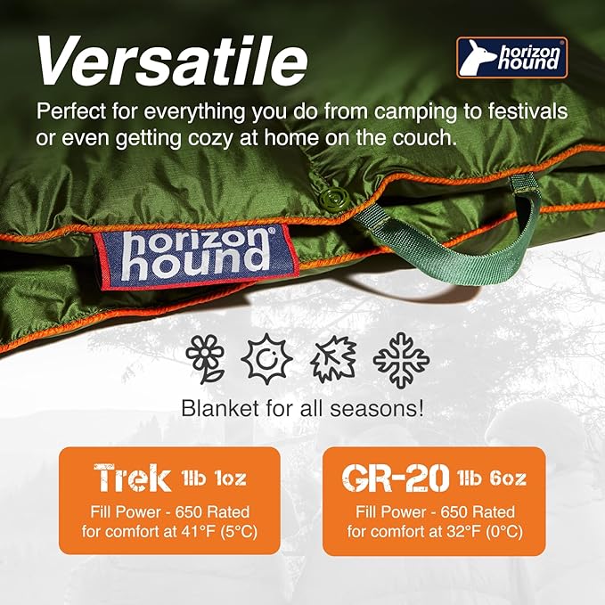 Horizon Hound Down Camping Blanket - Outdoor Travel Blanket | Sustainable Insulated Down | Lightweight & Warm Quilt for Camping, Stadium, Hiking & Festival | Water Resistant, Packable & Compact