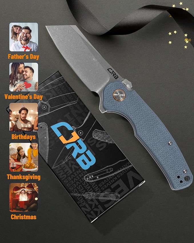 CJRB Crag Tactical Knife,Cleaver Pocket Folding Knife with Stonewash AR-RPM9 Steel Blade and G10 Handle for Men Outdoor, Survival, Camping and EDC (J1904R),Blue