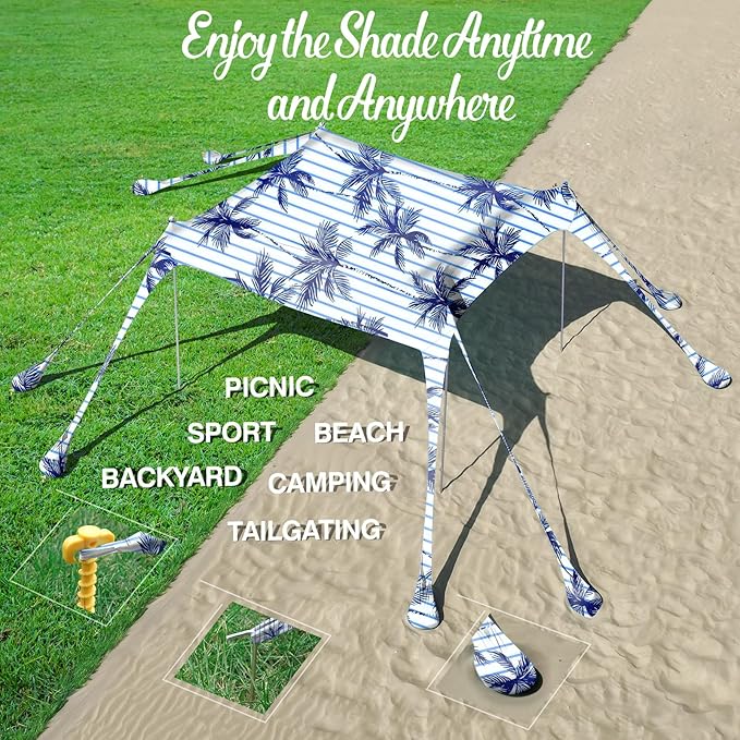 Rhino Valley Beach Tent Sun Shelter, Beach Canopy Tent Sun Shade UPF50+ Protection with 8 Sandbags 4 Stability Poles, Outdoor Beach Shade Canopy for Beach, Camping, Fishing