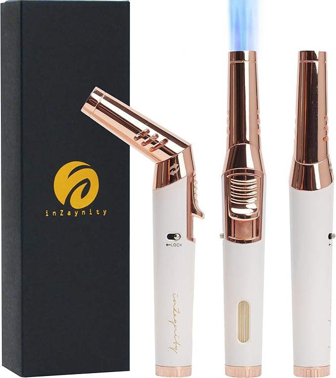 Pen Torch Lighter - Refillable Single Flame Butane Torch Lighter for Candle, & Cooking w/Adjustable Flame & Ignition Lock - Luxurious Handheld Camping Lighter & Gift Box by inZaynity - White & Gold